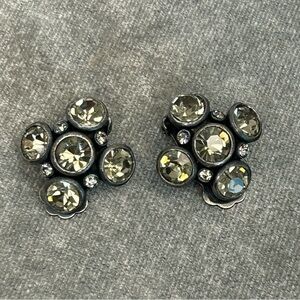Black charcoal gray chrome crystal rhinestone studded cluster clip on earings